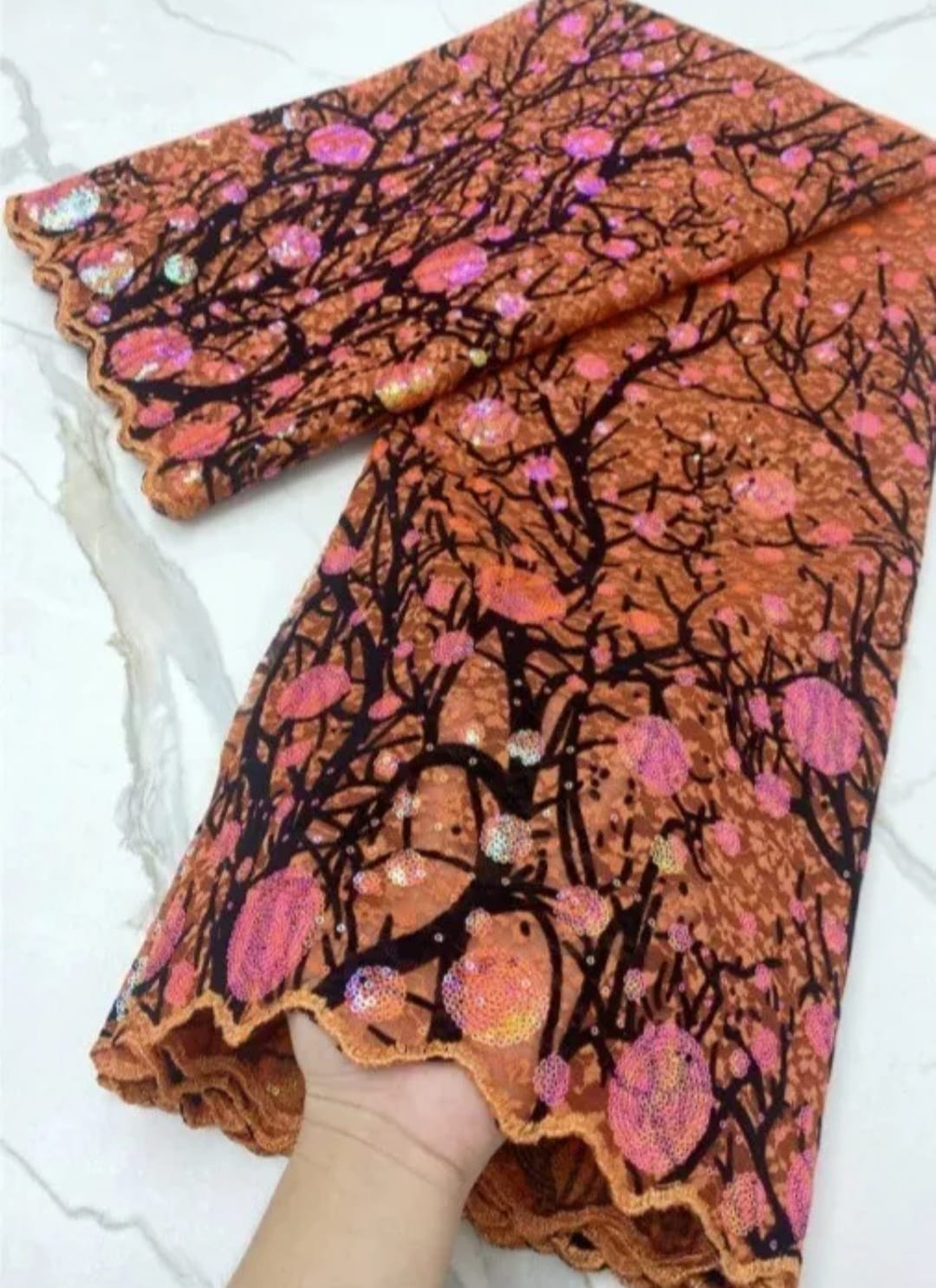 Beautiful African Tull Orange Lace Fabric (5yards)